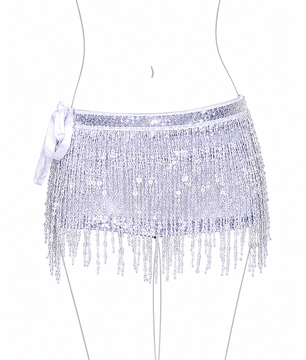 Silver sequin skirt with fringe on a white background