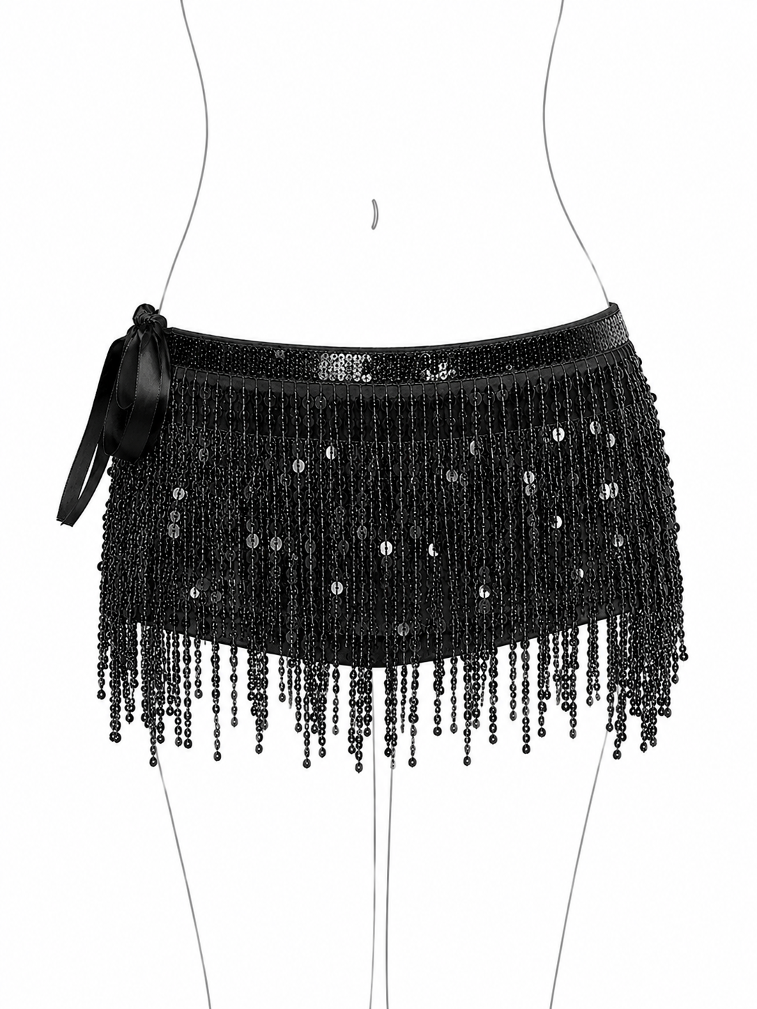 Black beaded waist bag with fringe on a white background