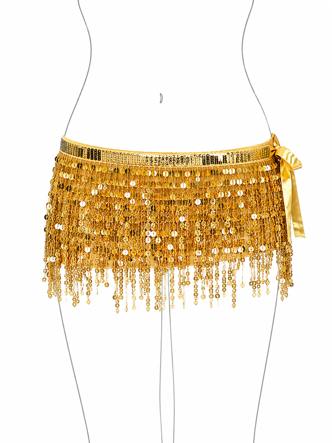 Gold sequin belt with fringe on a white background