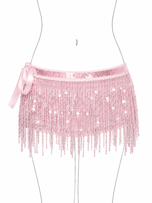 Pink fringe skirt with a bow on a white background