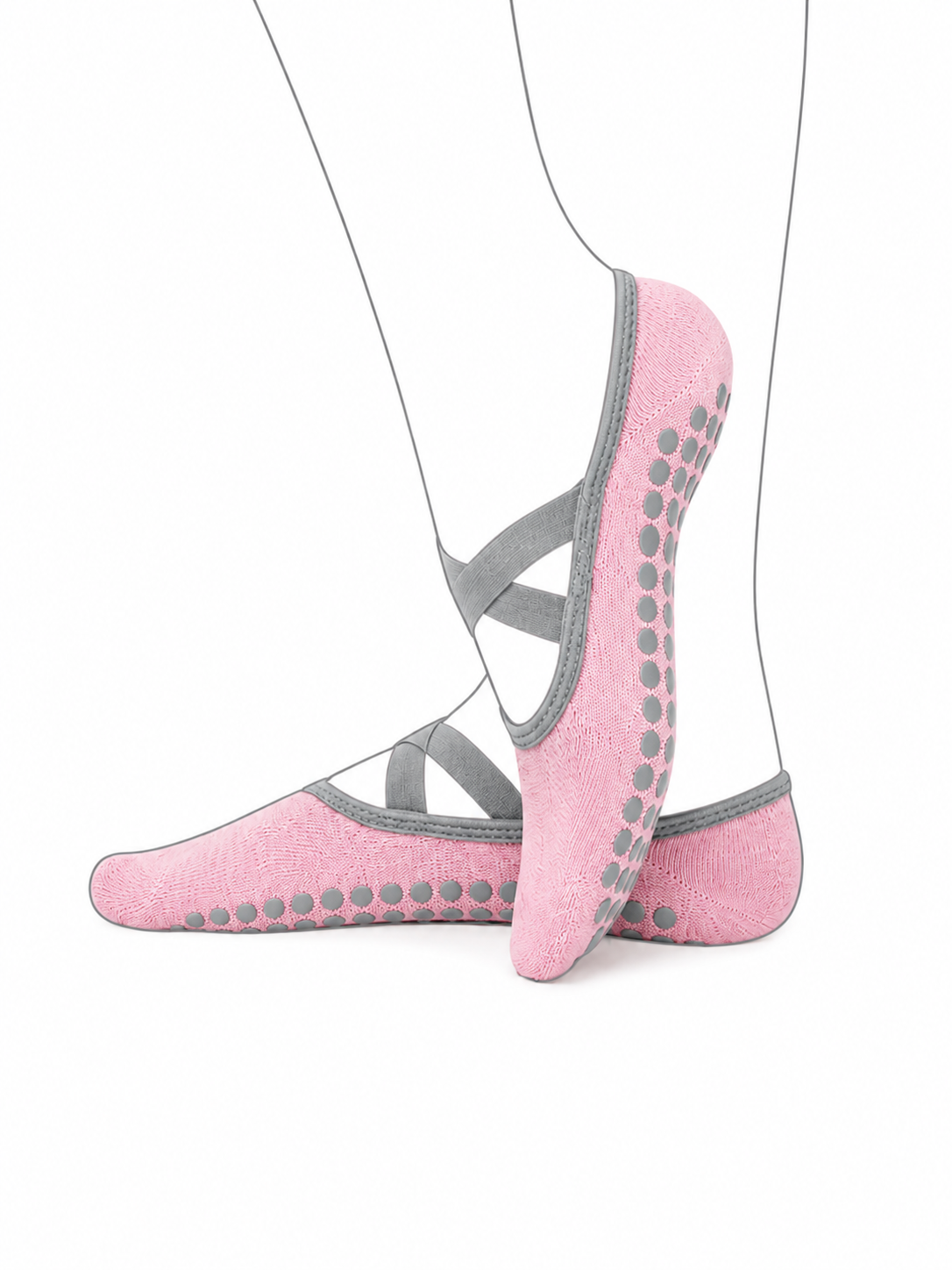 Pink socks with gray grip patterns on a white background