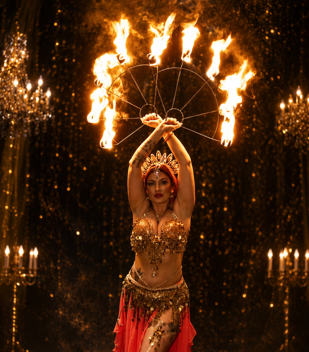 Dancer performing with fire fans in a dark setting with candles