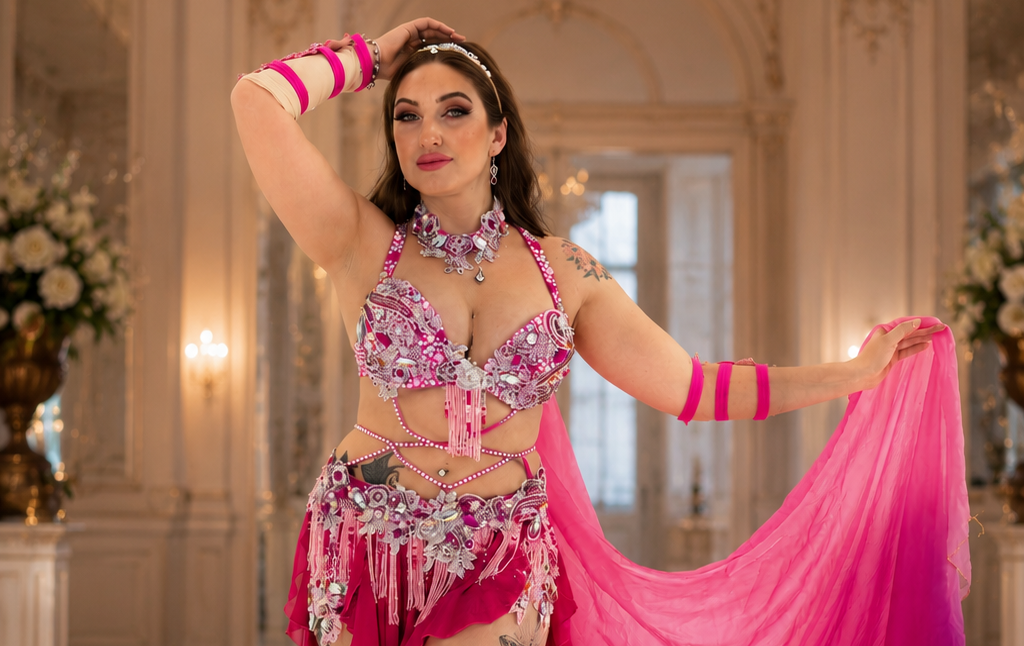 Dancer in a pink and purple costume with a flowing skirt in an elegant indoor setting.