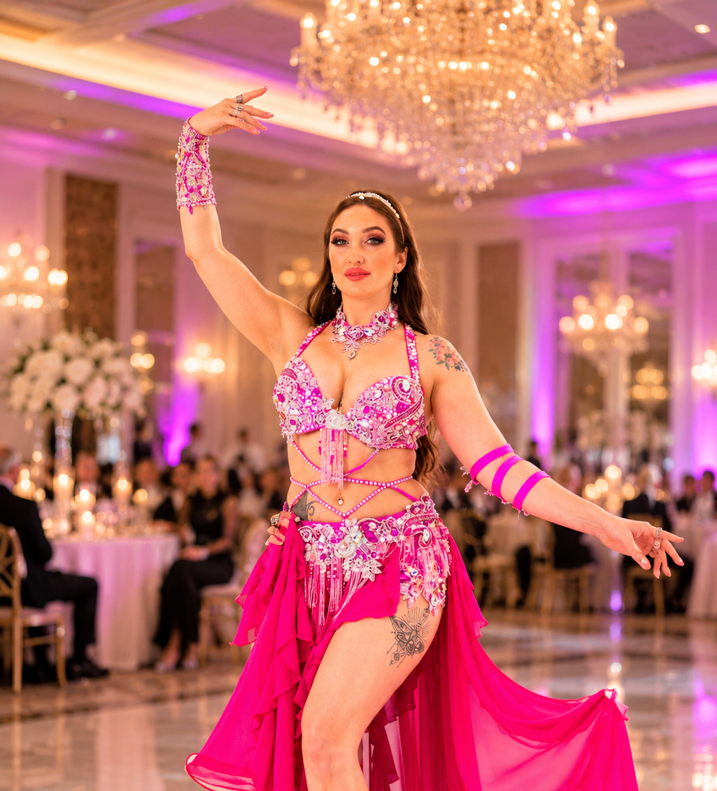Dancer in a pink costume performing on a decorated dance floor with chandeliers.