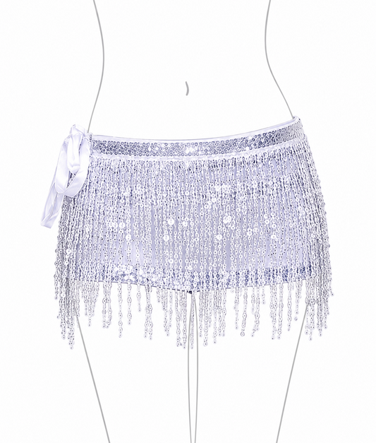 Silver sequin skirt with fringe on a white background
